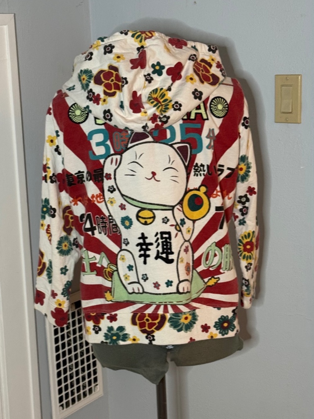 Y2K Lucky Brand "Shibuya Kitty" XL Applique Hoodie Rising Sun Striped Floral - Picture 7 of 11